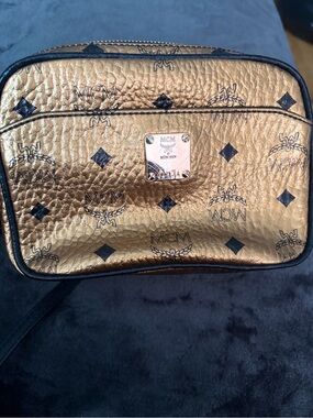 MCM Cognac Visetos Logo Crossbody Bag with Black Trim